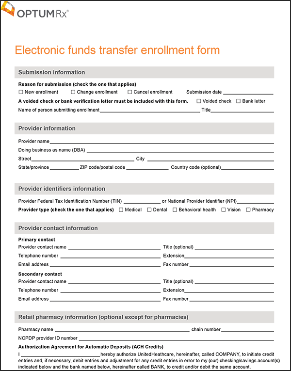 electronic funds transfer authorization form